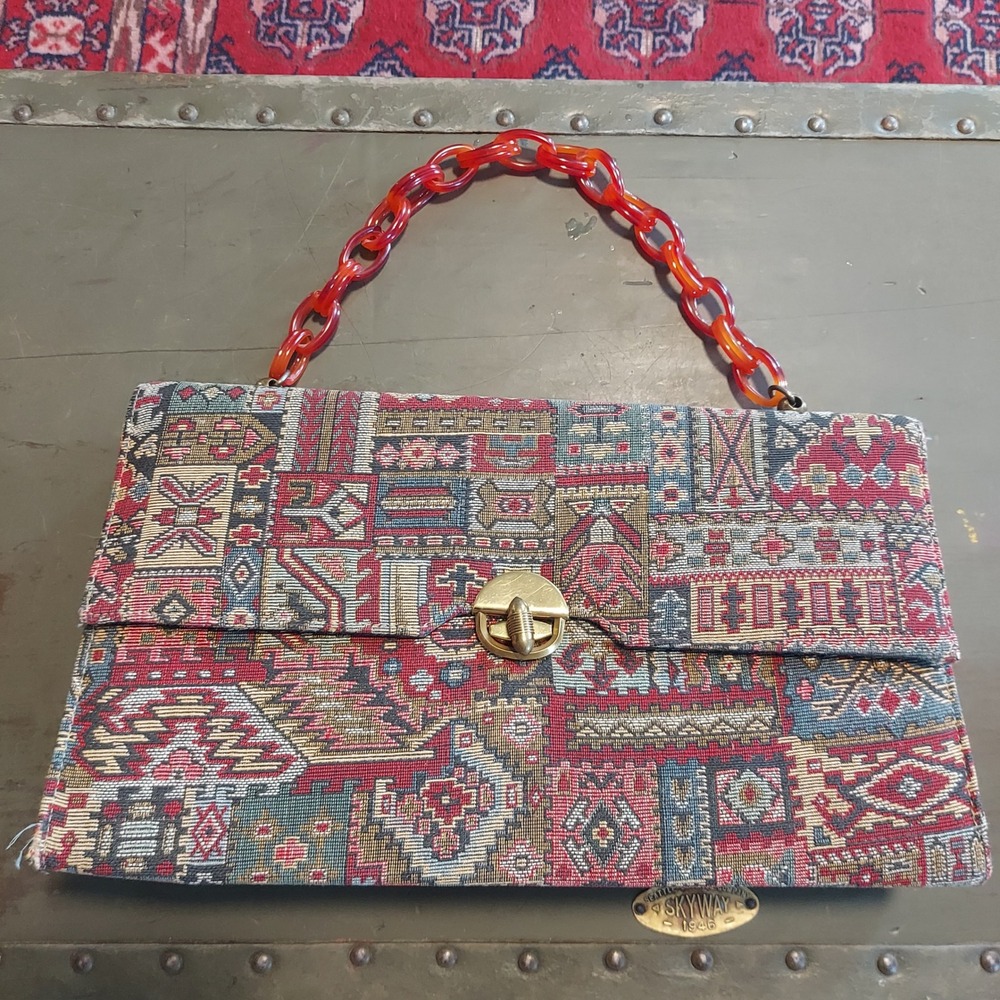 Vintage Kadin Tapestry Handbag Amber Acrylic Chain Strap Geometric Boho MCM Bag